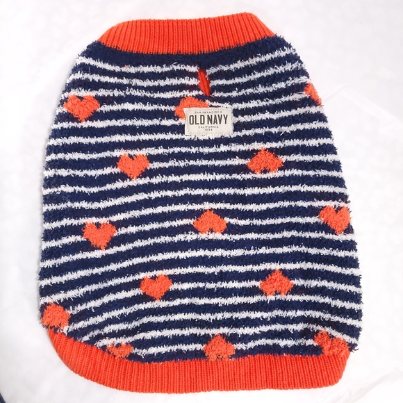 Old Navy Cozy Knit Navy Blue Striped Orange Cuff Dog Sweater w/ Hearts Sz Medium